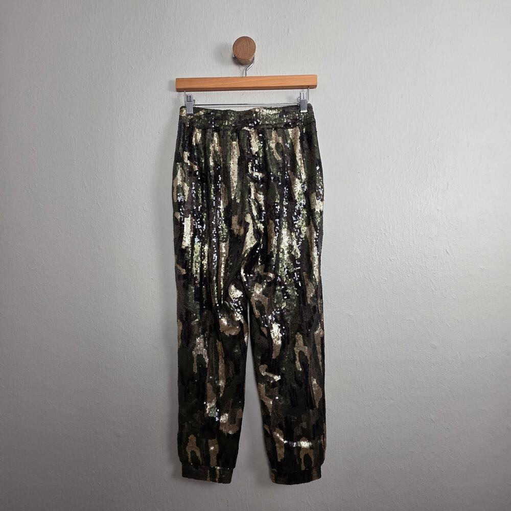 Anthropologie Green Camo Sequin Jogger Pants XS Sparkly Statement Trousers NYE - Picture 11 of 13